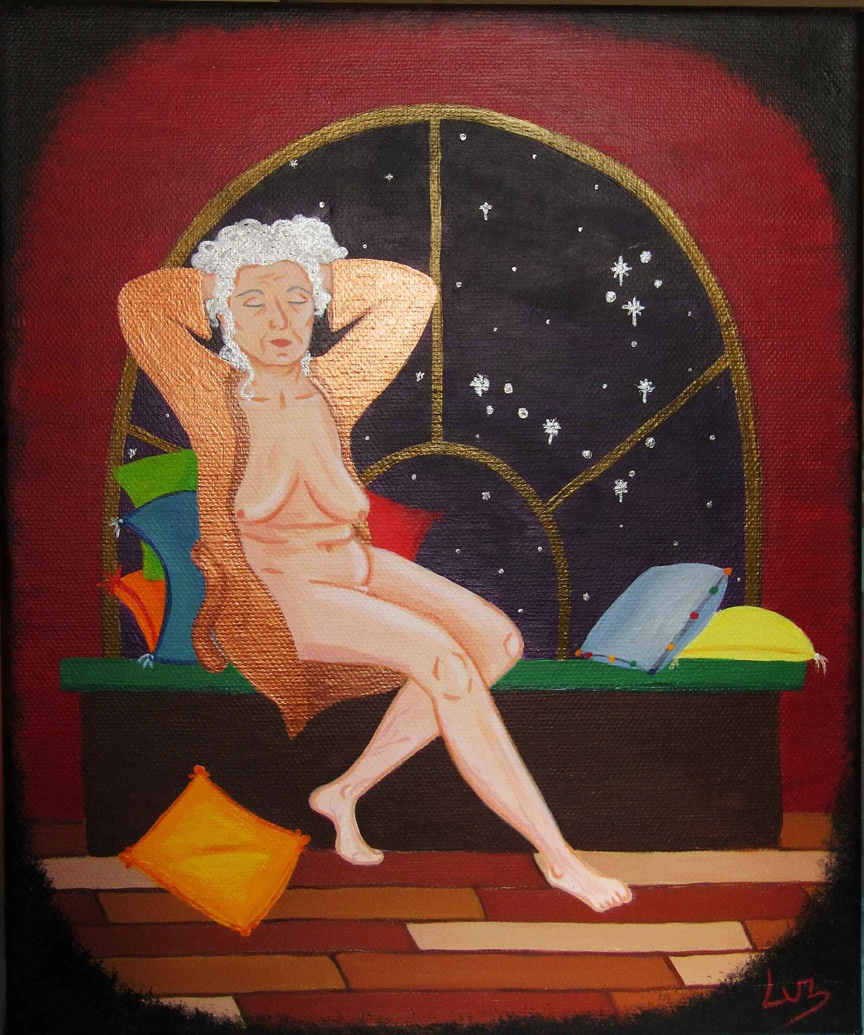 La Constelación de Afrodita y Eros. Su cuerpo templo de una Diosa que desvela sueños y atrae constelaciones. 25x30 Acrílico en Lienzo - 50€